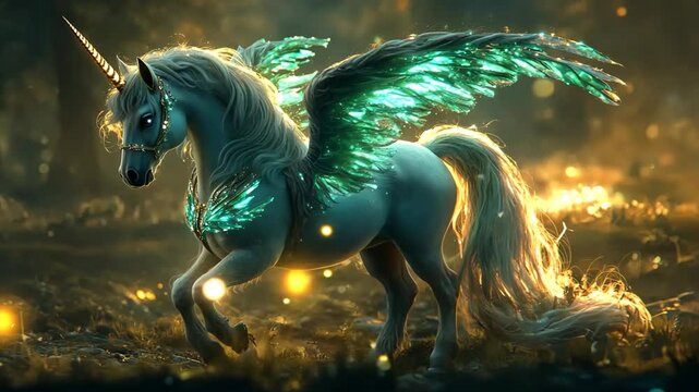 green emerald wing unicorn in the enchanted forest, ethereal fantasy scenery  