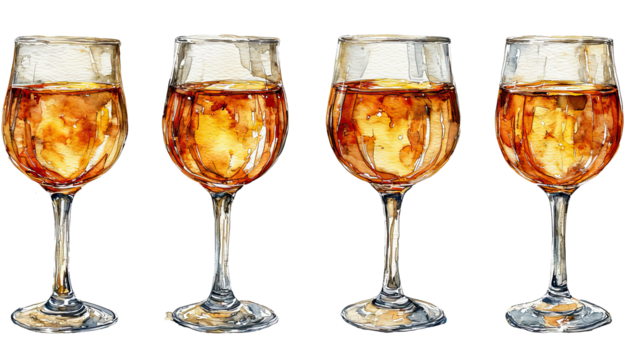 a watercolor painting depicts four glasses filled with amber liquid, showcasing delicate brushstrokes and a transparent effect.