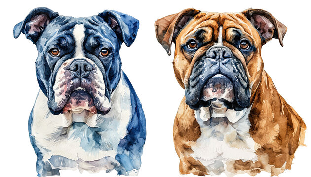 a watercolor diptych showcases the endearing faces of a blue english bulldog and a fawn boxer, both rendered with expressive eyes and soft, blended hues.