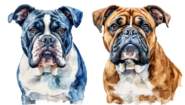 a watercolor diptych showcases the endearing faces of a blue english bulldog and a fawn boxer, both rendered with expressive eyes and soft, blended hues.