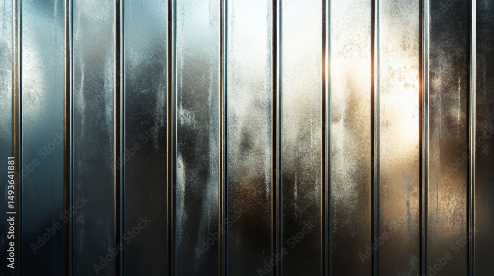Poster close-up of a metallic wall with vertical lines, showing texture and light reflection.
