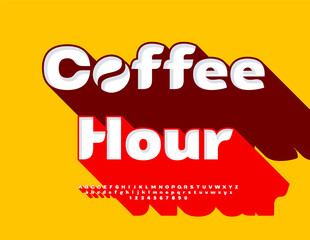 Vector Fashion poster Coffee Hour. Artistic Font with Red Shadow. Creative Alphabet Letters and Numbers.