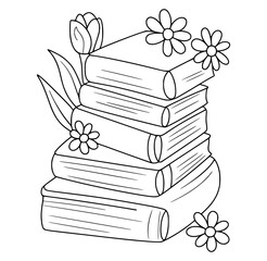 Stack of books with flowers line art illustration