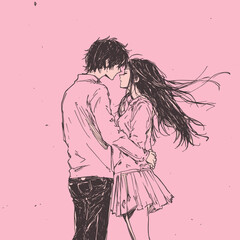 Anime couple in an embrace with a pink background