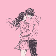Anime couple in an embrace with a pink background