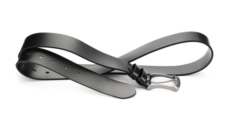 One black leather belt isolated on white