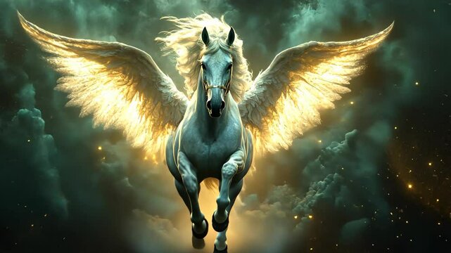 breathtaking ethereal fantasy scenery , a strong Pegasus flying toward the camera surround with thick cloud 