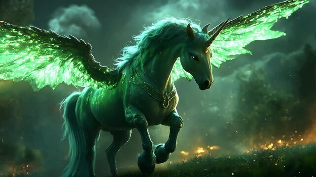green emerald wing unicorn in the enchanted forest, ethereal fantasy scenery  