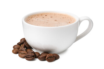 Aromatic coffee in cup and beans isolated on white