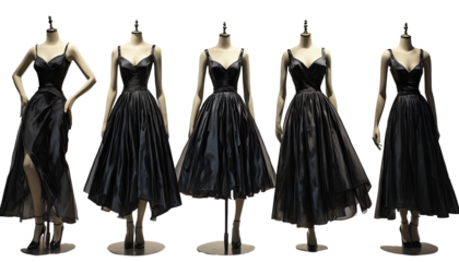 a row of black evening gowns displayed on mannequins with varying silhouettes and textures against a white background.