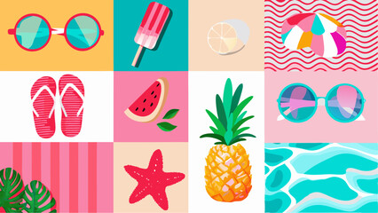 Vibrant Summer Moodboard Sunglasses Treats and Beach Essentials evoking joyful vacation memories