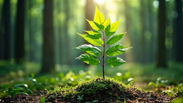 A natural scene of a forest with a single tiny tree standing tall, its leaves glowing with natural light, symbolizing the earth strength.