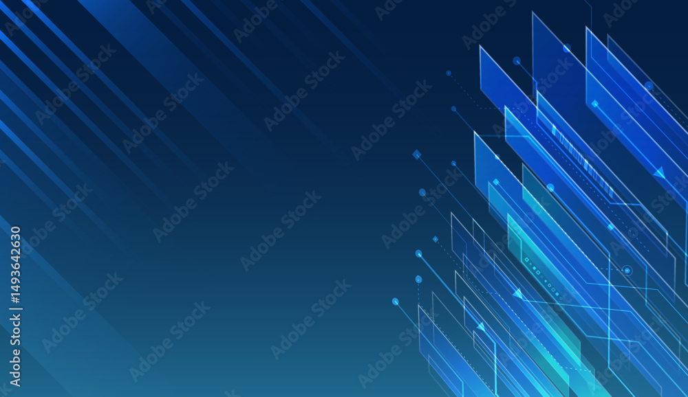 Poster abstract high-tech background with glowing geometric lines, digital elements, and a futuristic blue 