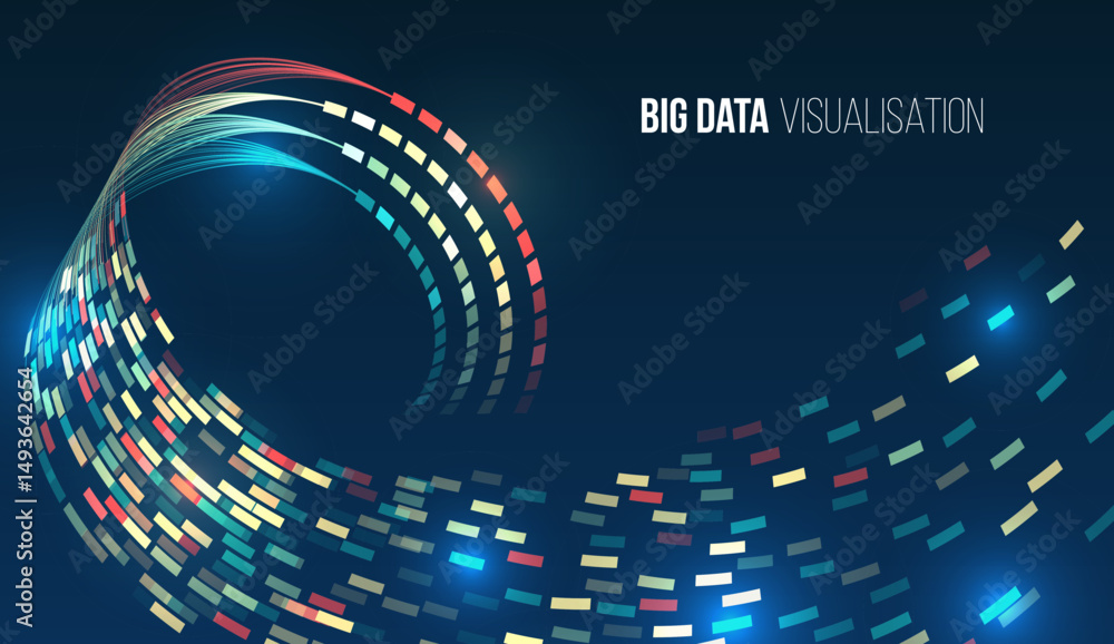Poster Abstract visualization of big data in the form of a wave-like flow of colored dots on a dark blue background. Digital data analysis, information technology and modern methods of information processing