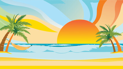 Tropical Sunset Beach Escape palm trees sway beside a hammock inviting relaxation and tranquility