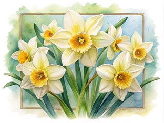 Watercolor Painting of Daffodils with Frame, a Symbol of Spring