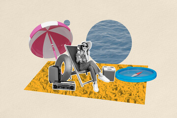 Poster trend sketch template 3D photo collage of trip resort tourist young woman sit chair drink...