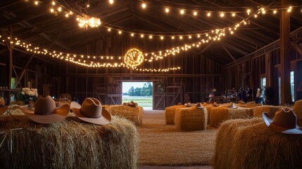Rustic barn interior decorated with string lights, hay bales, and cowboy hats for a wedding or event.