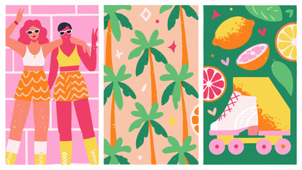 Two stylish friends embracing summer fun in playful vector art with palm trees and roller skate