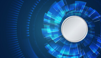 Futuristic digital background with a circular design and glowing blue geometric shapes. Ideal for high-tech, innovation, science and IT presentations or technology-themed visuals.