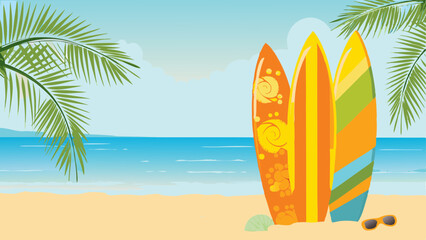Vibrant surfboards stand ready for adventure soaking up the summer sun on a tropical beach with