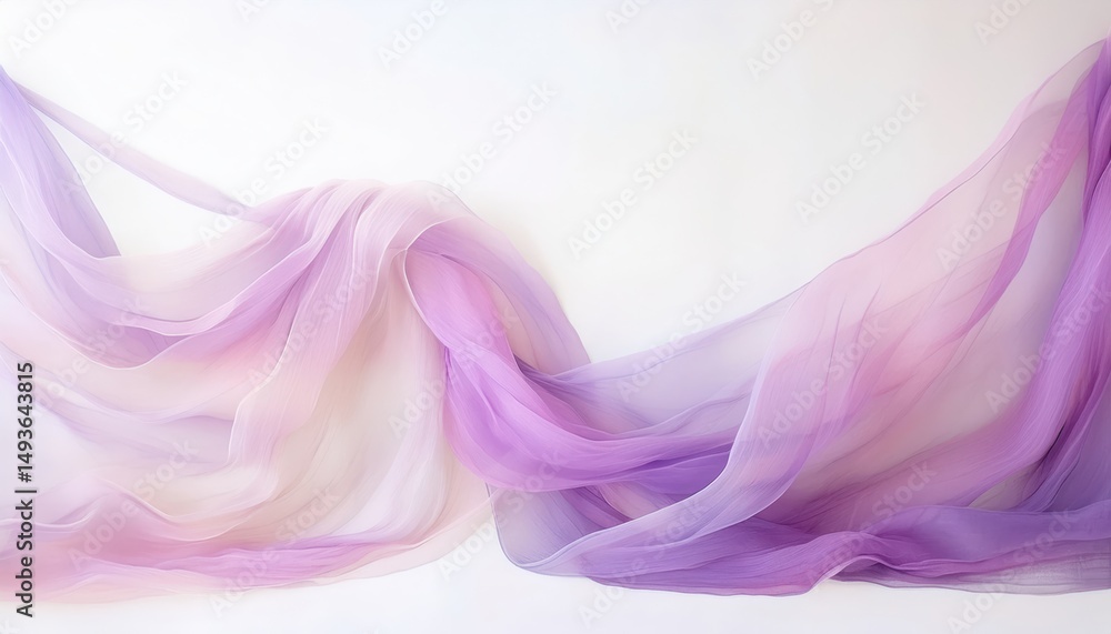 Poster soft flowing lavender and pink chiffon fabric waves on white background for elegant branding, femini