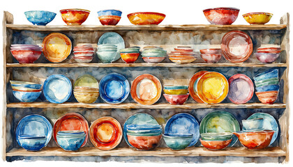 a watercolor painting depicts a wooden shelf filled with a colorful collection of small bowls and plates arranged in neat rows.
