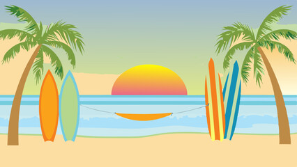 Beachside bliss with swaying palms surfboards and a hammock at sunset vector illustration vibrant