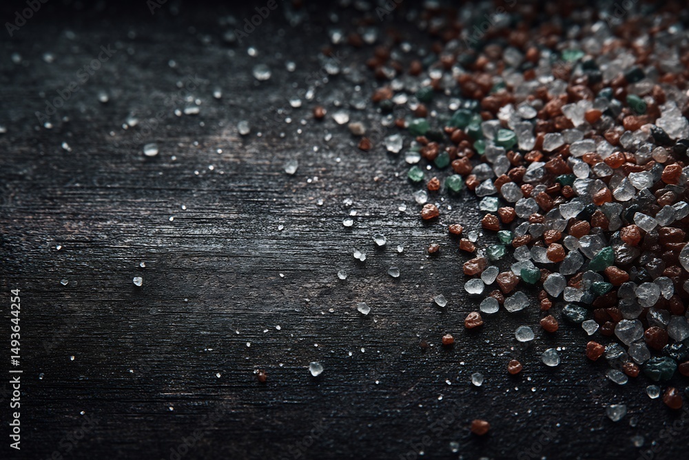 Poster dark textured background with scattered translucent and multi colored crystals