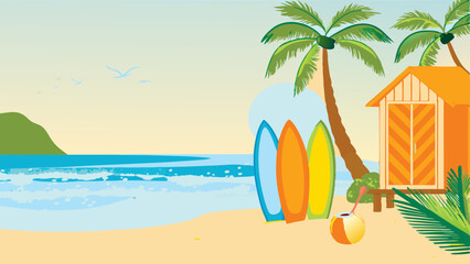 Escape to a sun kissed beach vibrant surfboards a cozy orange beach house tranquil palms painted