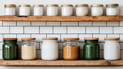 Wooden shelves holding glass containers and ceramic jars against a tiled backdrop, decorative kitchen containers, organization.