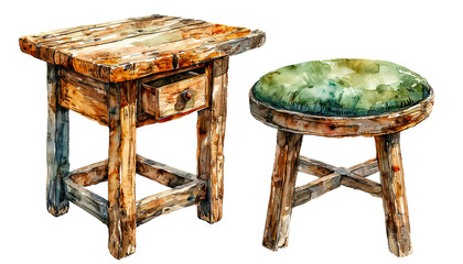 a watercolor painting depicts a rustic wooden side table with a single drawer and a small, circular stool with a green cushion.