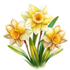 Obraz premium Watercolor Painting of Three Beautiful Daffodils with Leaves Isolated on White Background