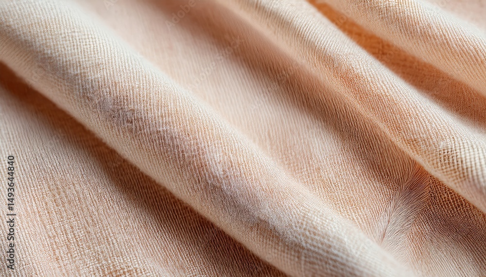 Poster close-up of soft peach beige woven fabric texture with gentle folds and natural fibers for textile b