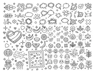 White Background Doodle Pack with Hearts, Stars, and Leaves