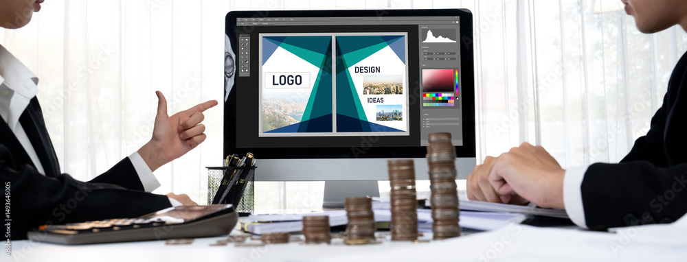Aufkleber graphic designer software for modern design of web page and commercial brisk ads showing on the comp