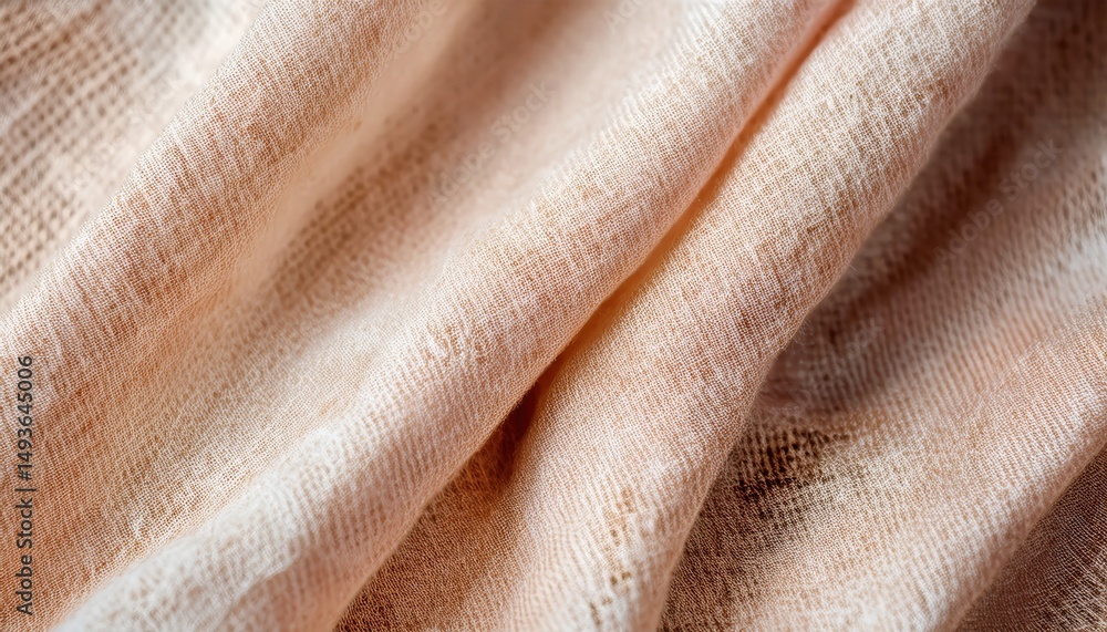 Poster close-up of soft peach beige woven fabric texture with gentle folds and natural fibers for textile b