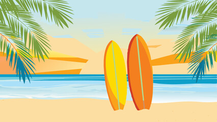 A vibrant coastal scene with two surfboards ready for adventure embodying freedom and island vibes
