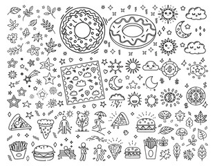Whimsical Doodle Icons with Food, Nature, and Celestial Themes