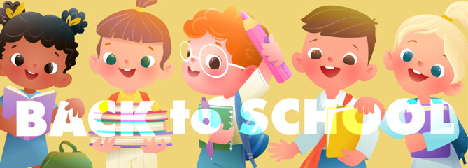 Back to school lettering with schoolchildren banner design. Graphic education and learning concept. Back to school sign, kids boys and girls with backpacks and books . Vector school banner design