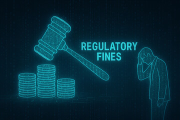 A digital illustration depicting the concept of regulatory fines, showcasing a gavel and stacks of coins next to a concerned businessman