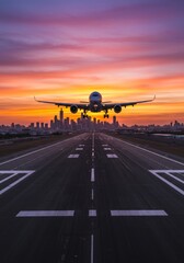 Airplane Landing Sunset Cityscape - A passenger plane descends for landing over a city skyline at sunset. The runway stretches towards the viewer, creating a dramatic perspective