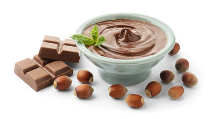 Tasty chocolate spread, pieces, mint and hazelnuts isolated on white