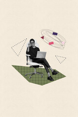 Fototapeta premium Poster surreal collage of person stand use gadget with messy lines figure on pastel background