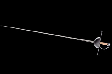 Detailed Steel Rapier Sword with Traditional Hilt on Black Background..