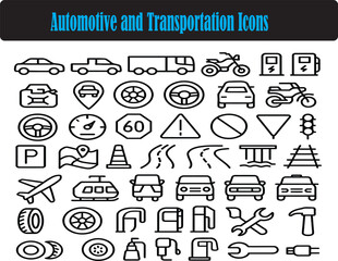 Automotive and Transportation Icons Black & White Automotive Icons—Car, Truck, Tire, Steering Wheel, Road Signs—Simple Vector Designs