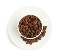 Ceramic cup with roasted coffee beans isolated on white, top view