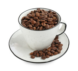 Ceramic cup with roasted coffee beans isolated on white