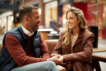 Smiling Couple Enjoying a Chat in a Shopping Mall Lounge