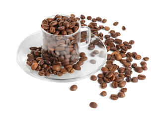 Glass cup with roasted coffee beans isolated on white